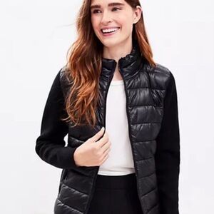 Lou & Grey LOFT Black Nylon Puffer Jacket with Sweater Knit Sleeves Sz XL P